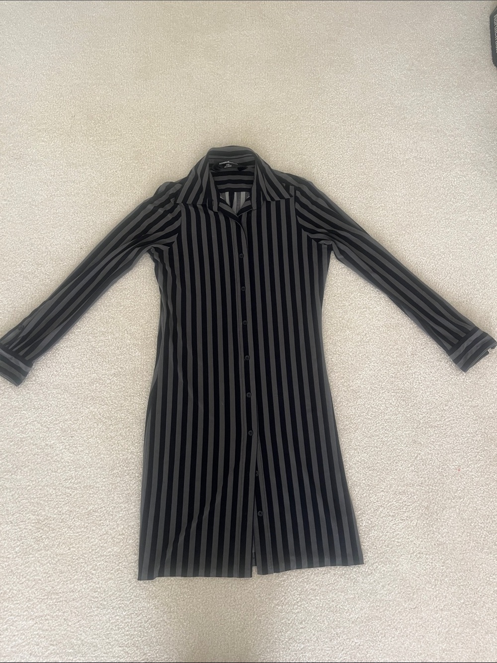 Norman Kamali Striped Long Sleeve Shirt Dress - Black & Gray